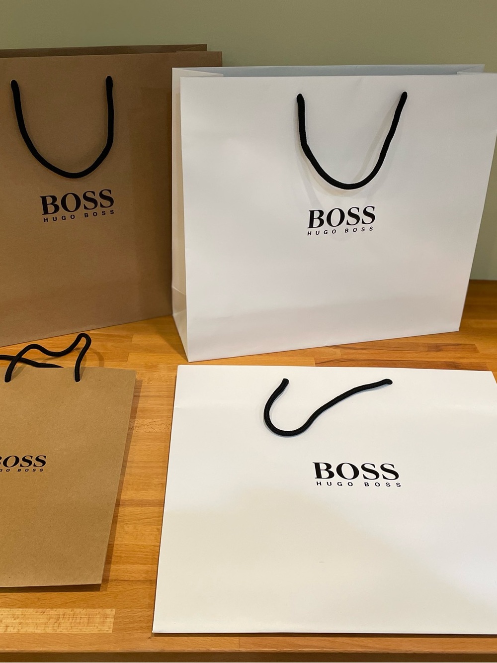 Hugo Boss White and Brown Branded Shopping/Gift Totes with Black Rope Handles